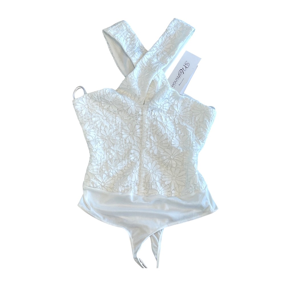 SAGE THE LABEL White Lace Cross Front Halter Thong Bodysuit XS